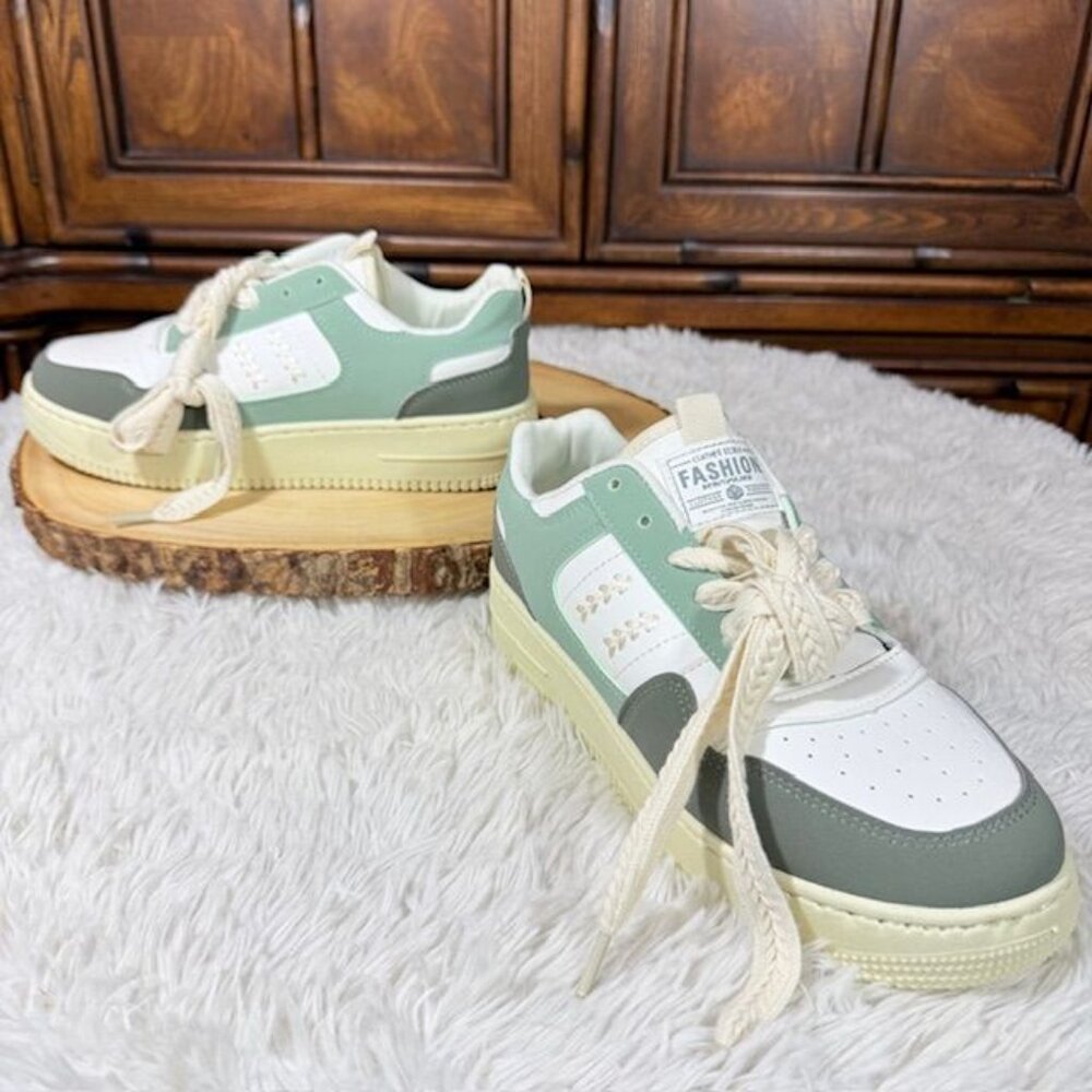 Clothes Style Green Multi Platform Wide Braid Laces Sneaker